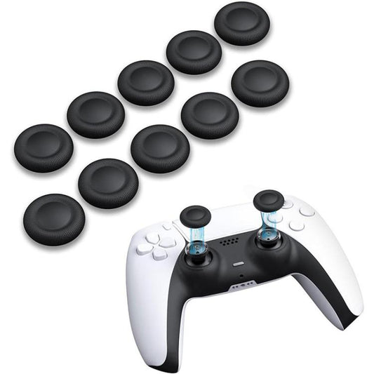 Set of 10 black joystick thumb grip replacement caps with textured rubber tops.