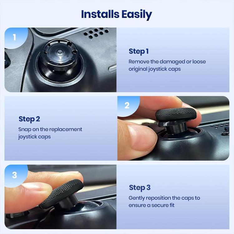 Joystick thumb grip cap installation sequence: snap-on replacement caps for controller sticks.