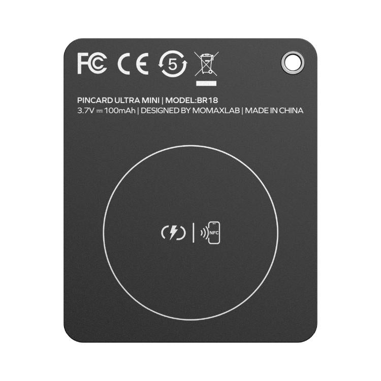Black PINCARD Ultra Mini locator card back with charging coil icon
