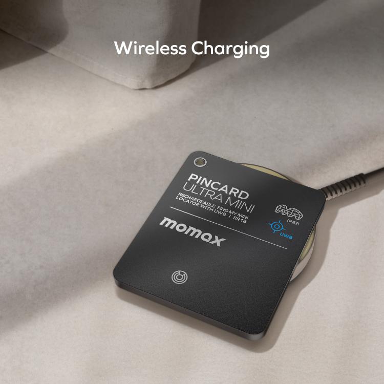 Black PINCARD Ultra Mini card locator charging with cable connected