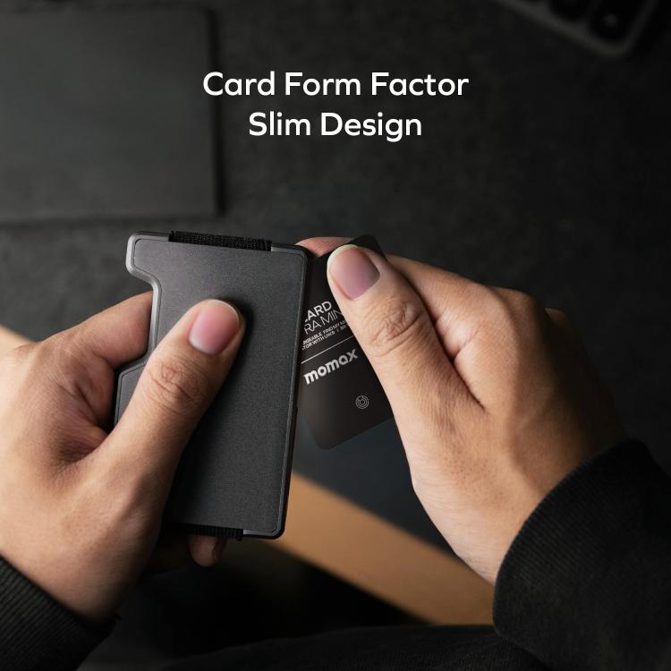 Black PINCARD Ultra Mini card-form anti-loss tracker held near wallet