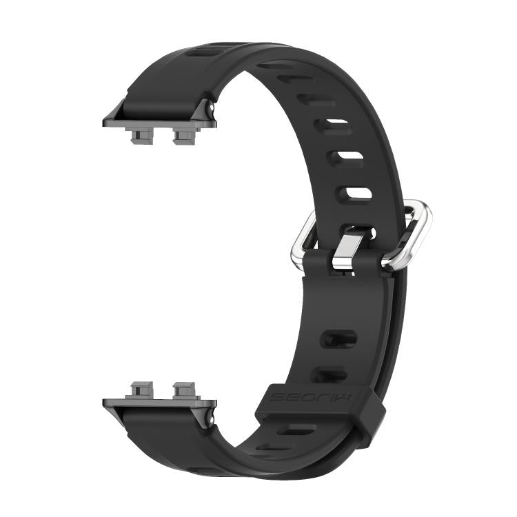 Black perforated TPU watch band with a silver-tone buckle, shown without a watch.