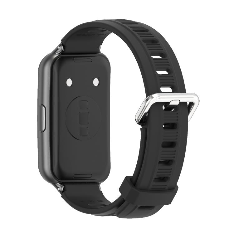 Back view of a black perforated TPU watch band attached to a smartwatch.
