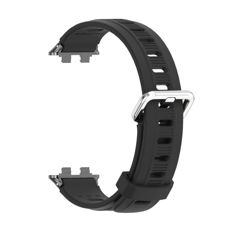 Black TPU watch band with ventilation holes and a silver-tone buckle.