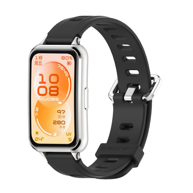 Black perforated TPU watch band paired with a silver-tone watch case.