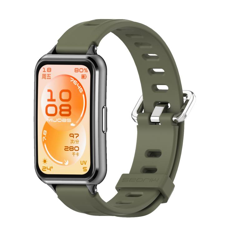 Army green perforated TPU watch band with a dark watch case.