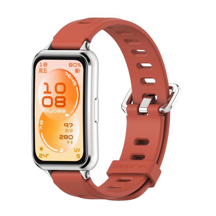 Terracotta TPU watch band with ventilation holes and silver buckle on a smartwatch