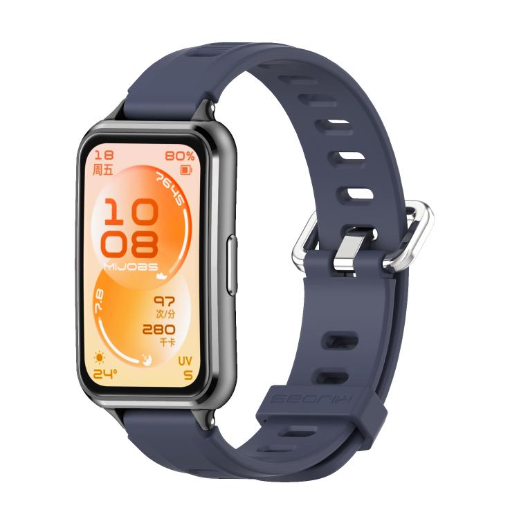 Navy TPU watch band with ventilation holes and silver buckle on a smartwatch