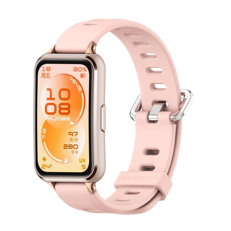 Light pink TPU watch band with ventilation holes and silver buckle on a smartwatch