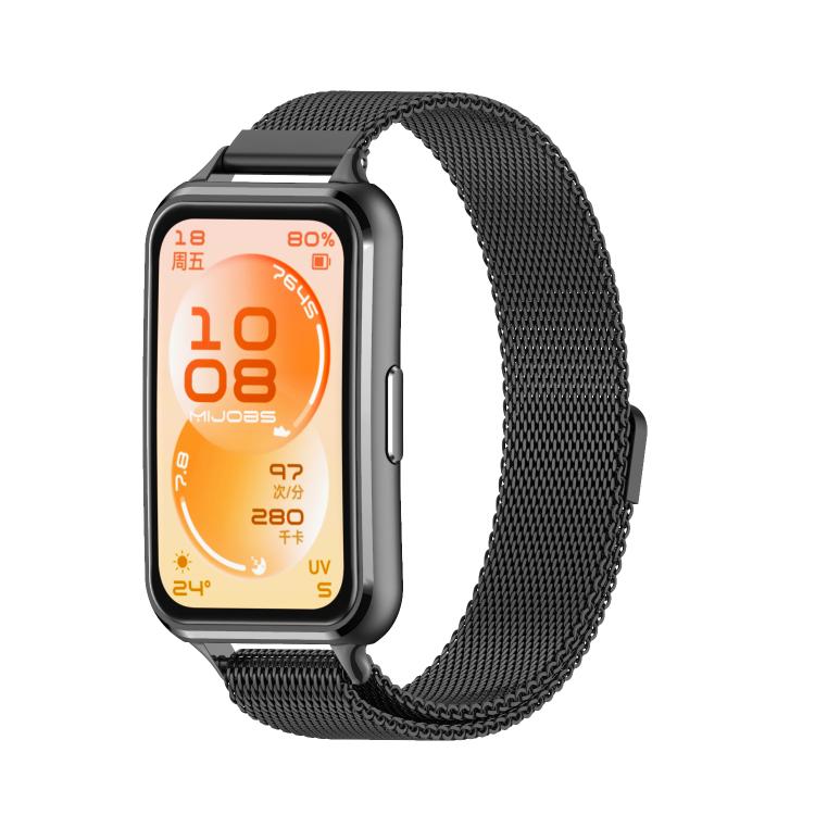 Black Milanese stainless steel magnetic watch band shown attached to a smartwatch.