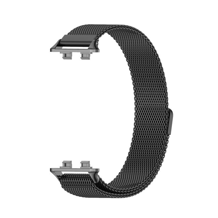 Black Milanese stainless steel watch band with exposed watch attachment connectors.