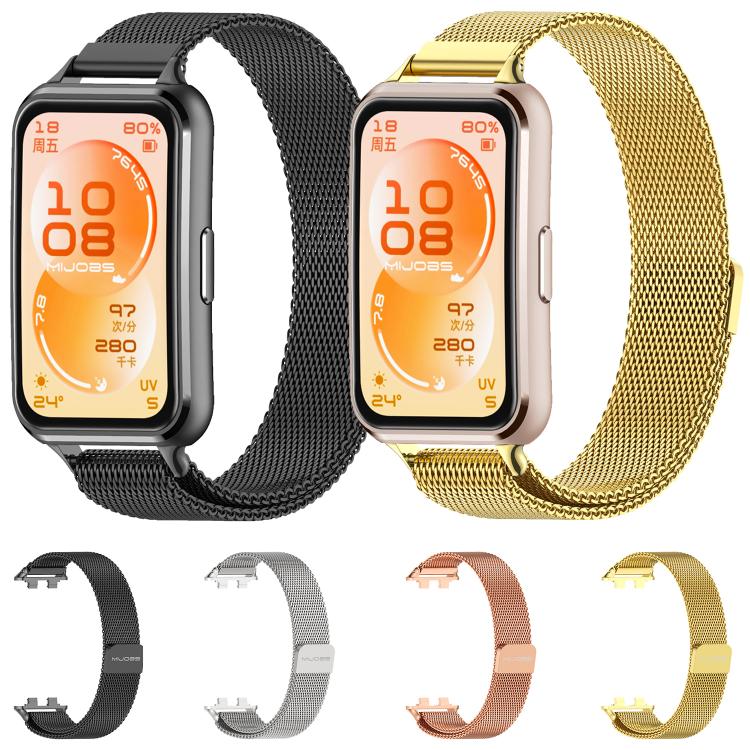 Milanese stainless steel watch bands in black, gold, silver, and rose gold.