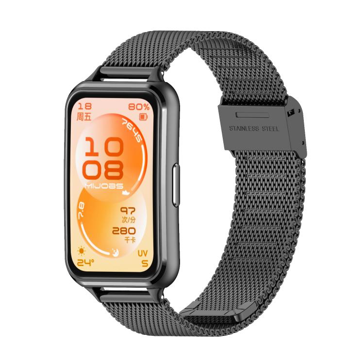 Black Milanese stainless steel watch band shown attached to a smartwatch
