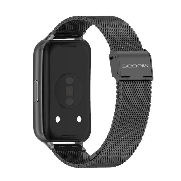 Black Milanese watch band attached to a smartwatch, shown from the back