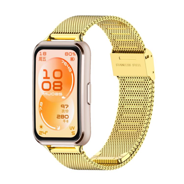 Gold Milanese stainless steel watch band attached to a smartwatch