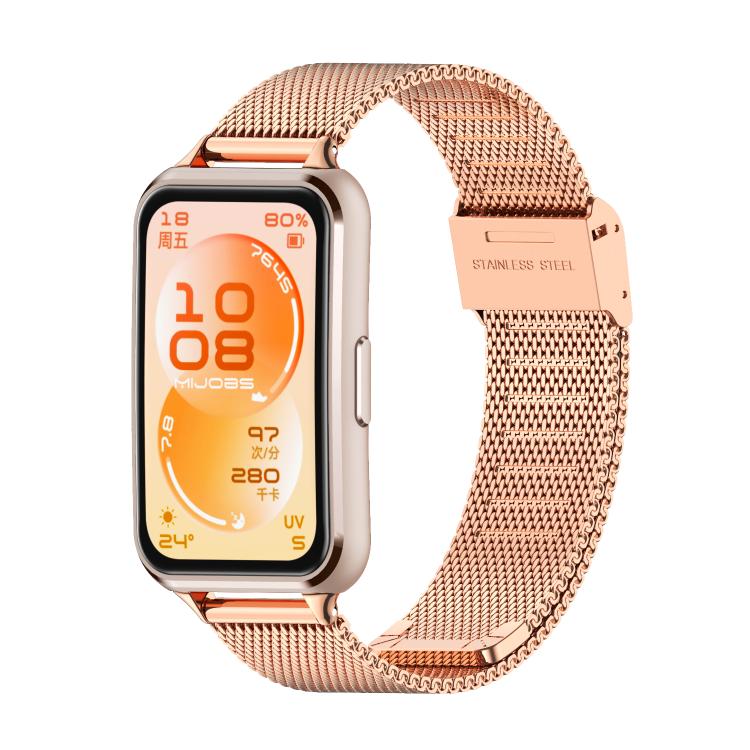 Rose gold Milanese stainless steel watch band attached to a smartwatch