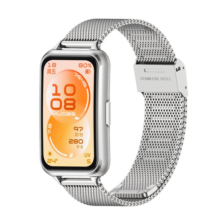 Silver Milanese stainless steel watch band attached to a smartwatch