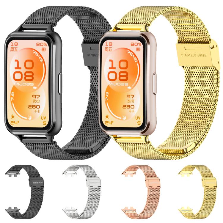 Milanese stainless steel watch bands in black, gold, rose gold, and silver