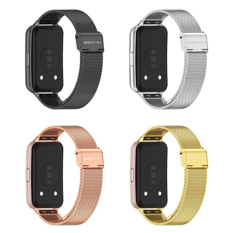 Milanese stainless steel watch band in black, silver, rose gold, and gold