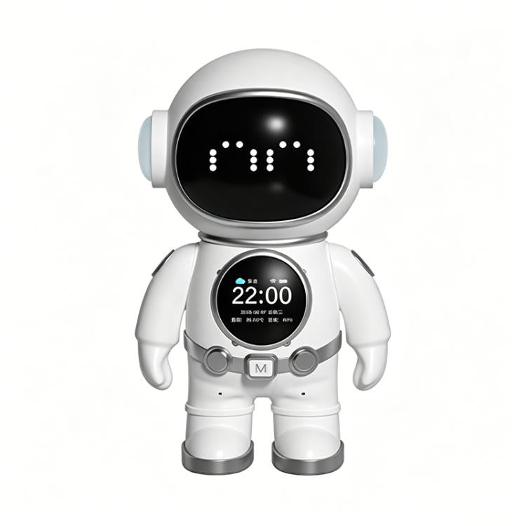 White AI companion robot toy with large front display and small clock screen