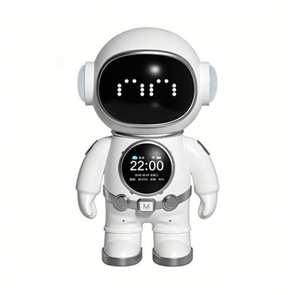 White AI companion robot toy with large front display and small clock screen