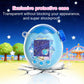Transparent crystal protective case, blue-tinted oval shell with hinged top and buttons