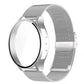 Silver Milanese stainless steel watch band with integrated case for a round smartwatch