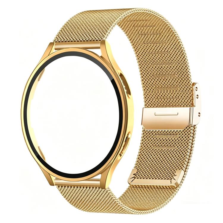 Gold Milanese stainless steel watch band with integrated case for a round smartwatch