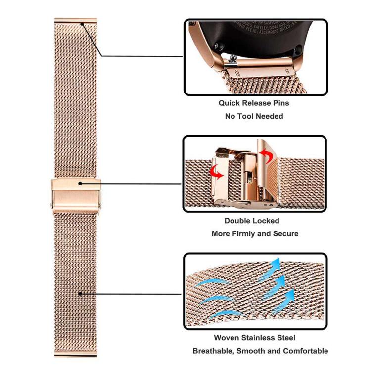 Rose gold Milanese watch band showing its quick-release pins, locking clasp and woven mesh