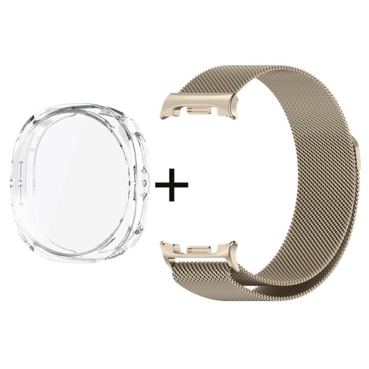 Champagne Milanese stainless steel watch band with clear full-coverage case
