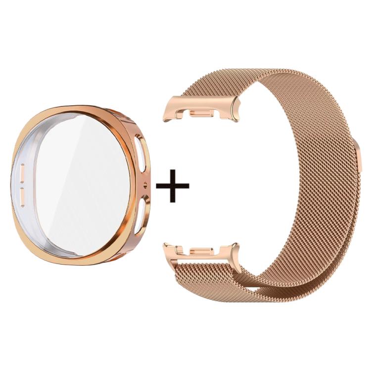 Rose gold Milanese stainless steel watch band with matching full-coverage case