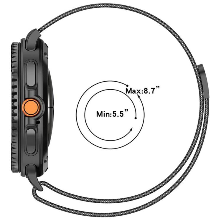 Black Milanese watch band shown fitted to a watch, with 5.5–8.7 inch sizing guide
