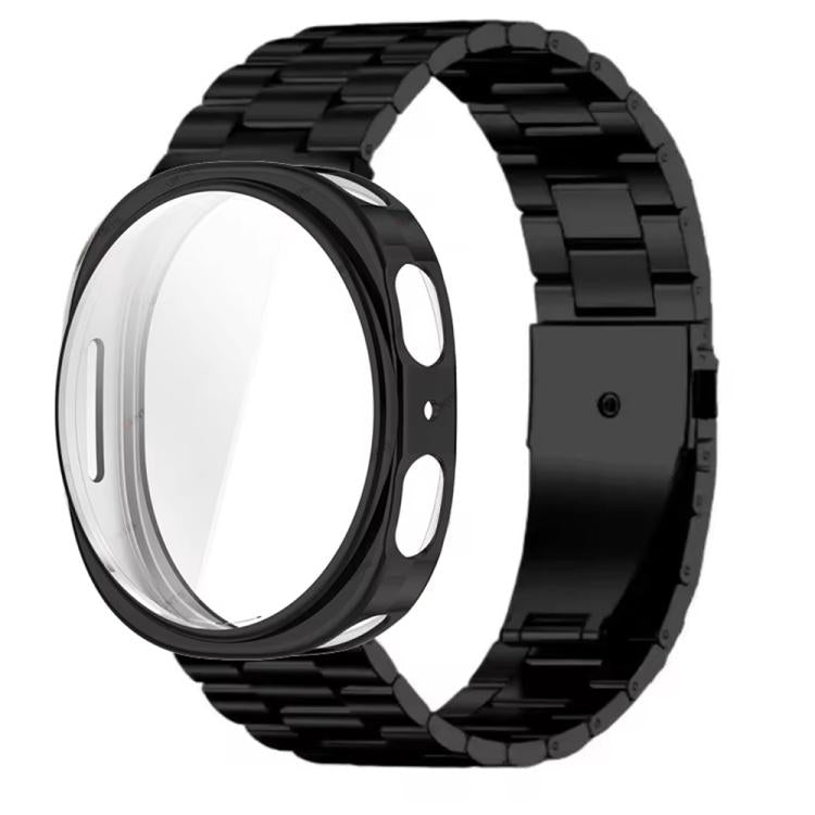 Black metal link watch band with protective case and clear screen cover