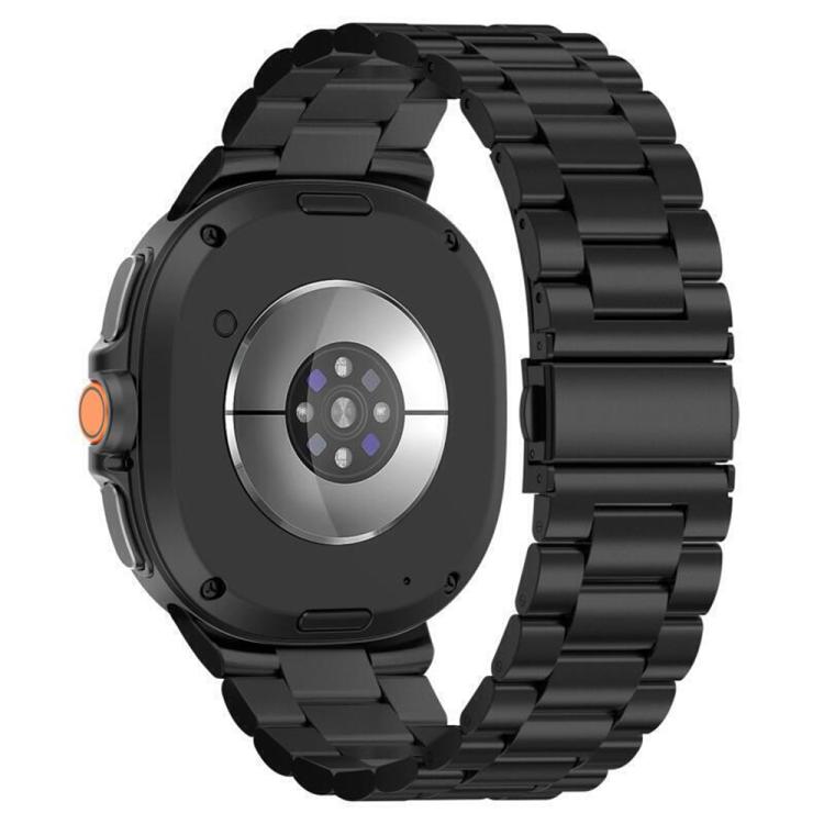 Back of black stainless steel watch band and protective case, showing sensor opening