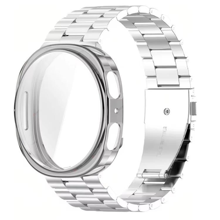 Silver stainless steel link watch band with protective case and clear screen cover