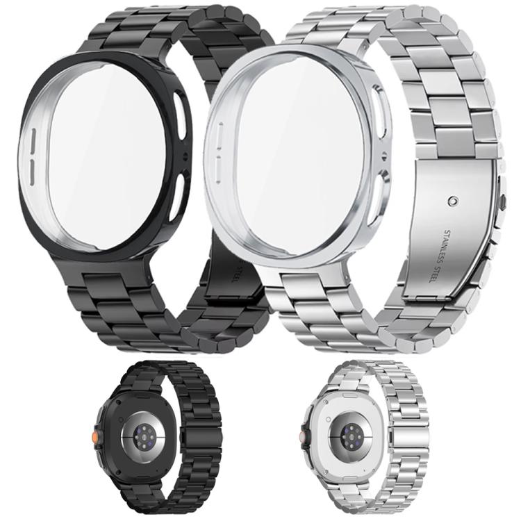 Black and silver watch bands with protective cases, shown from front and back