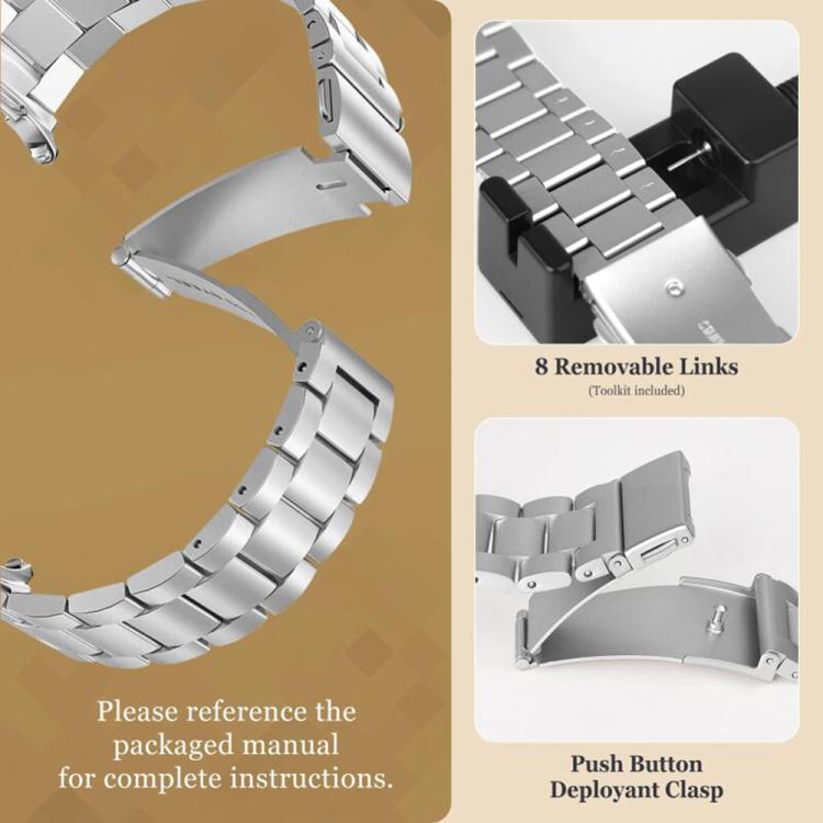 Silver watch band with removable links and push-button clasp
