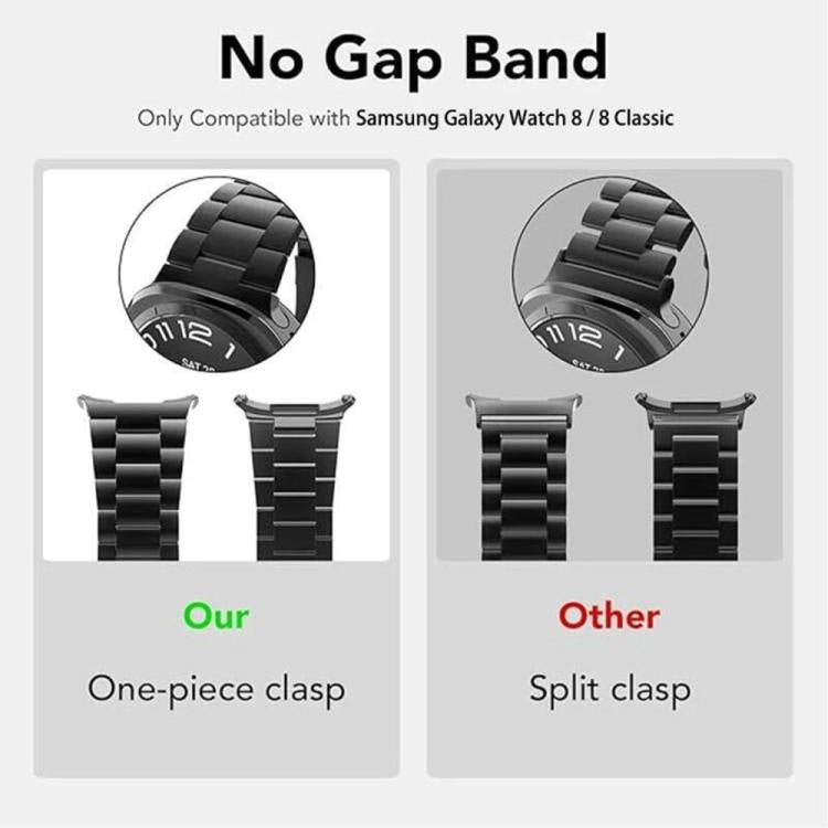 Black no-gap watch band with one-piece clasp compared with a split-clasp band