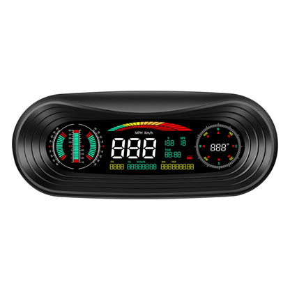Car GPS head-up display unit with black oval housing and digital speed/voltage gauges
