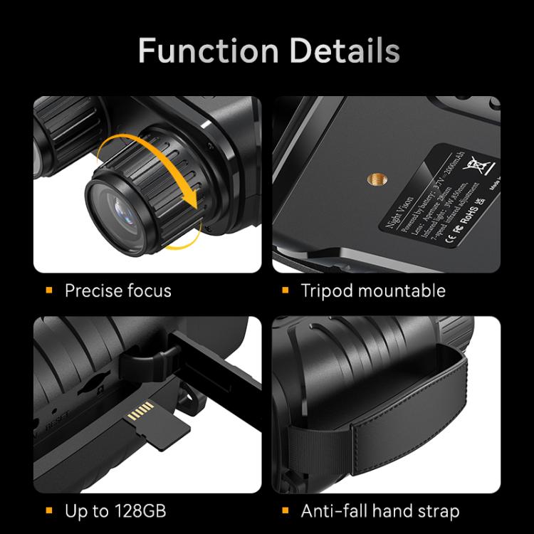 Night vision binocular device details: precise focus, tripod mount, 128GB slot, anti-fall strap