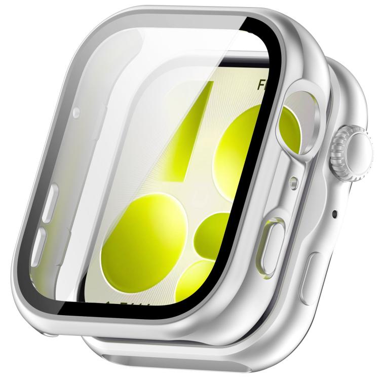Silver smartwatch case with integrated screen protector and button cutouts