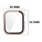 Pink PC watch case with integrated screen protector, measuring 38.9 by 44.5 mm