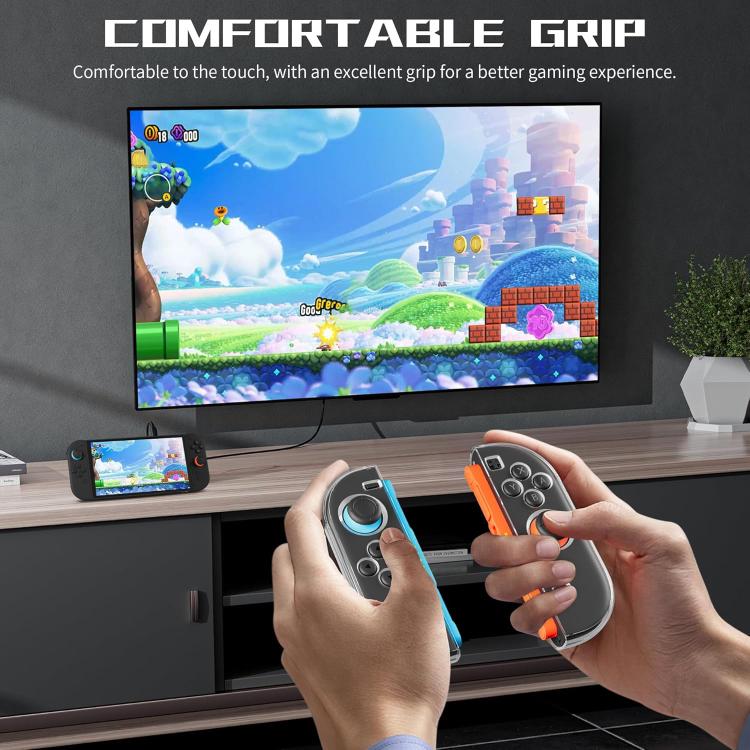 Crystal PC Joy-Con cases with blue and orange grips for handheld gaming