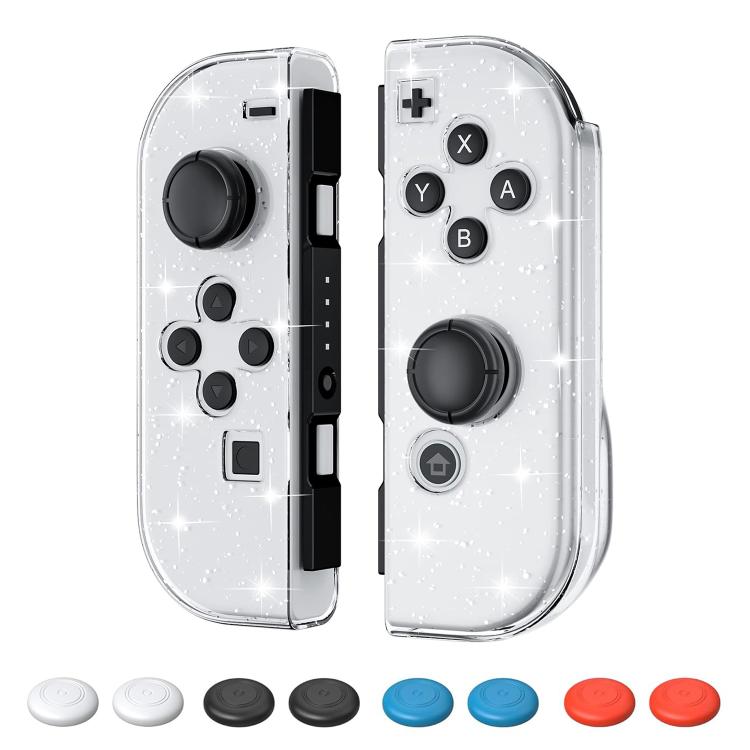 Crystal PC Joy-Con case set with white glitter shell and color-matched joystick caps
