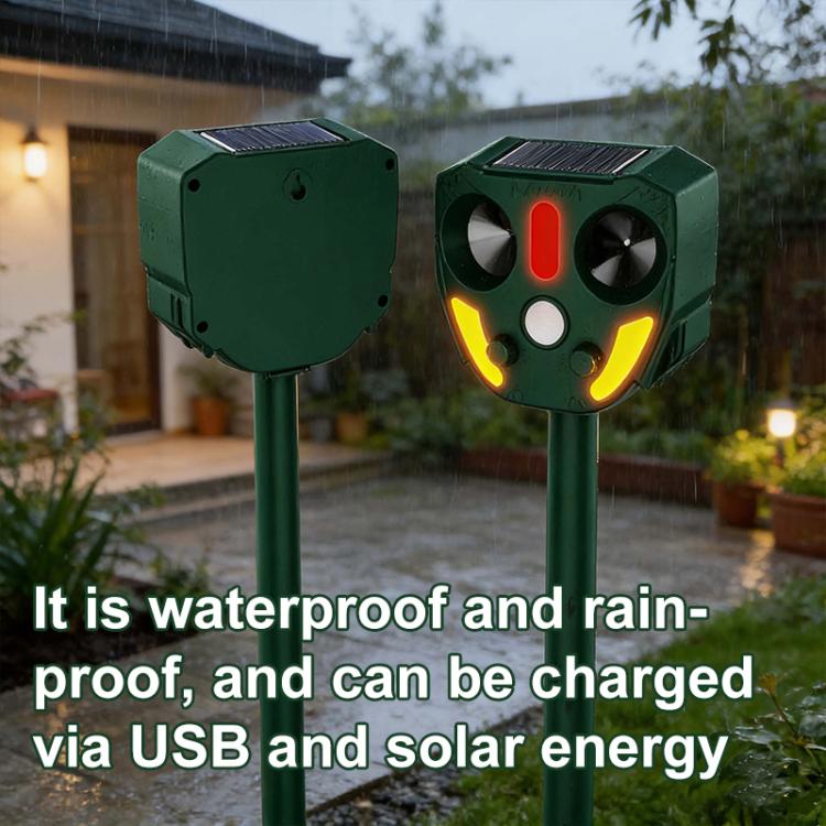 Two outdoor solar animal repellent devices with red center and yellow side light indicators