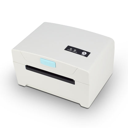 Single paper waybill label printer, white desktop unit with front label slot and blue display