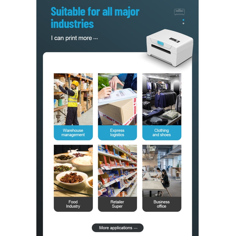 Thermal label printer on marketing layout showing use cases for shipping and labels