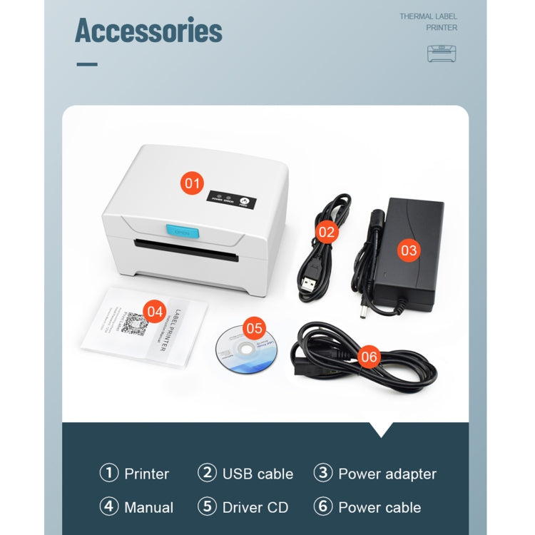 Thermal label printer accessories set: printer, USB cable, power adapter, cables