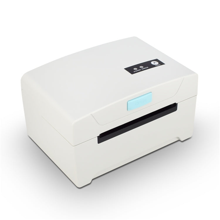 Single paper waybill label printer, white casing with top control area and front output opening