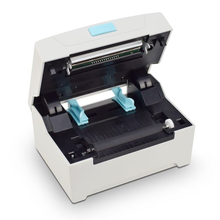 Single paper waybill label printer with lid open, showing internal print mechanism and paper path